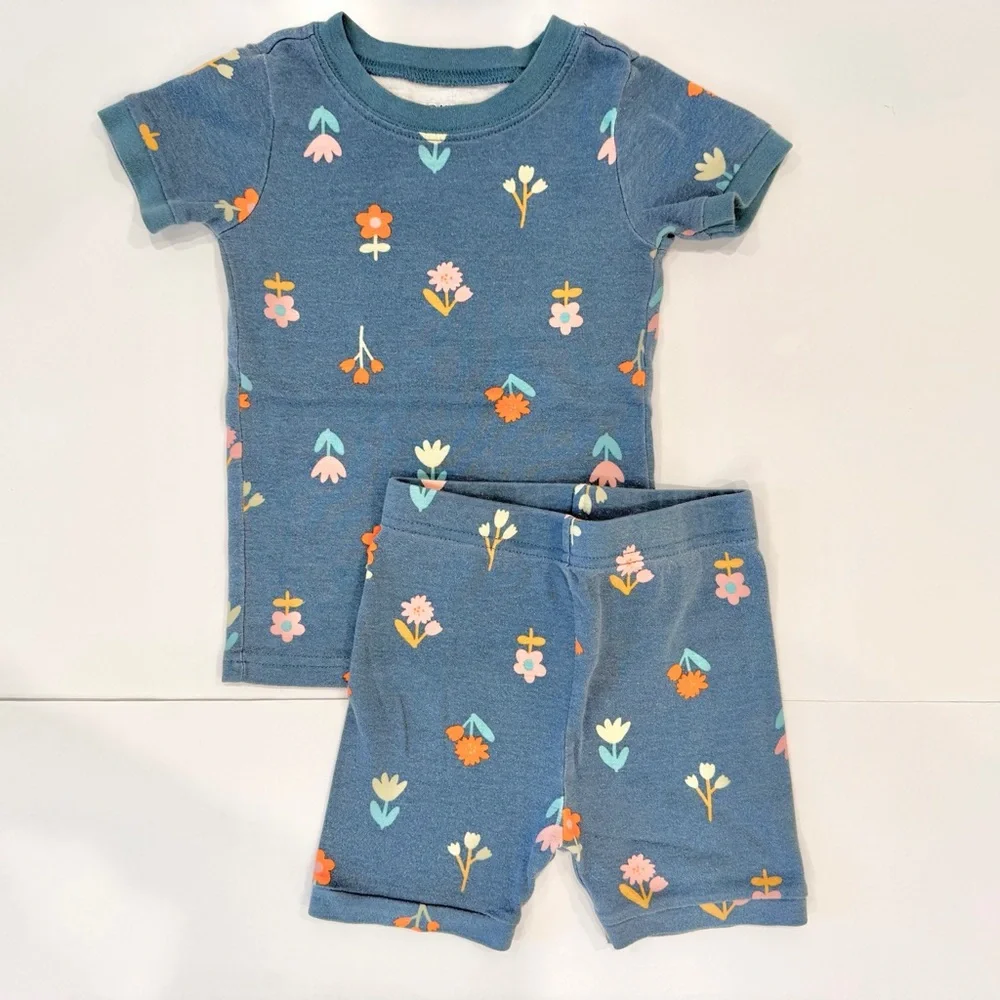 Old Navy Blue Teal Floral Toddler Girls Short Sleeve and Shorts Pajama Set - 3T